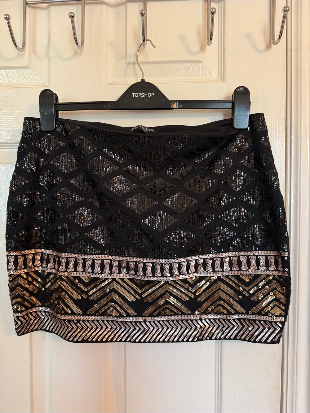 Express Black Sequin Mini Skirt with Gold & Silver Geometric Trim